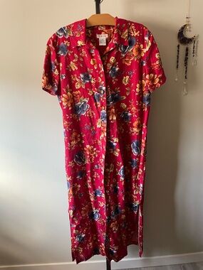 90s Vintage Talbots Linen Cotton Front Button Down Floral Hawaiian Maxi Dress